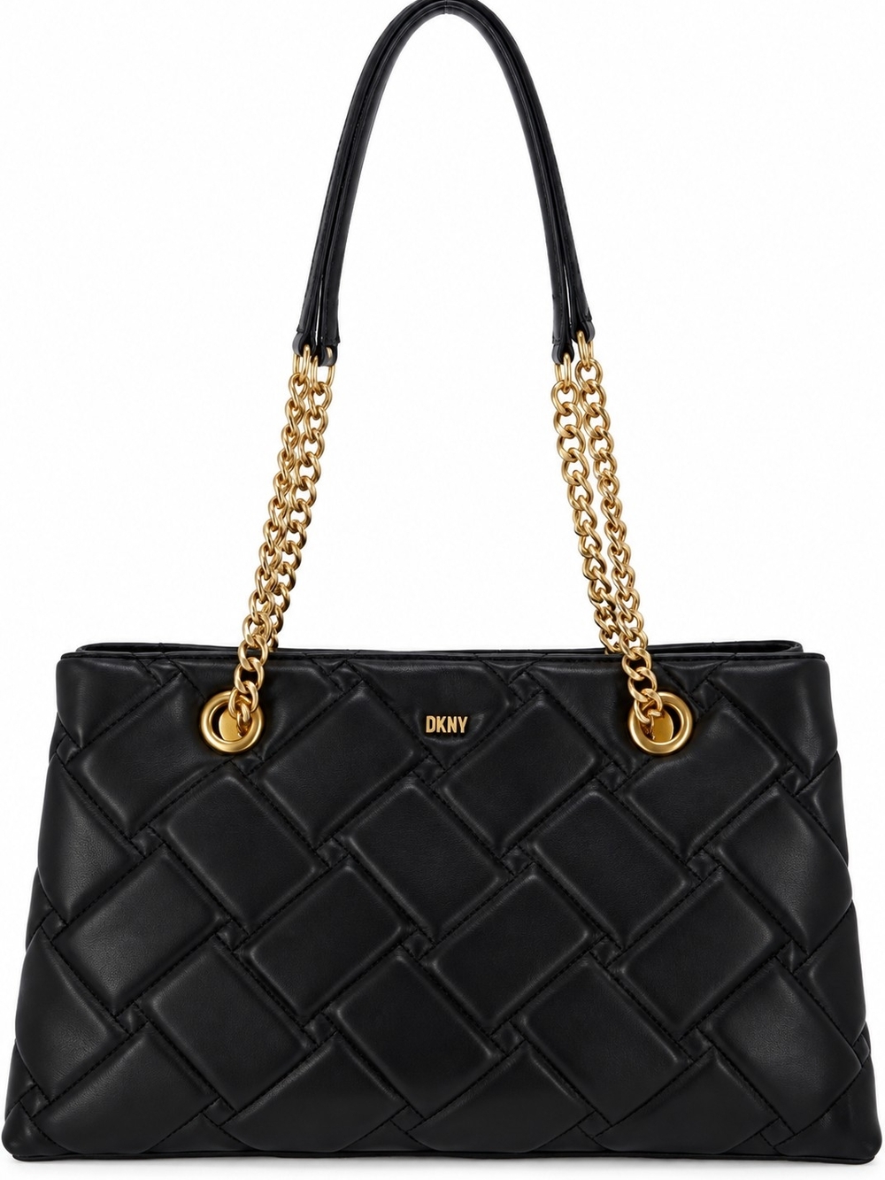 DKNY Black Quilted Leather Shoulder Tote with Gold Chain Straps